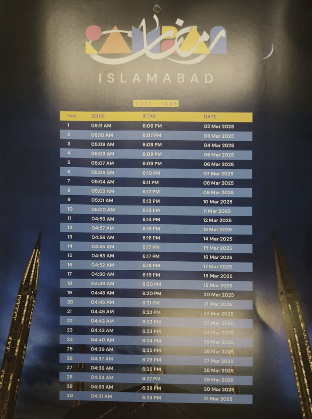 Islamabad Ramadan Calendar 2025: Sehri & Iftar Timings